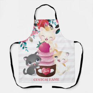 Whimsical Floral Cartoon Cats Strawberry Cupcake Apron