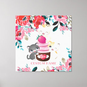 Whimsical Floral Cartoon Cats Strawberry Cupcake Canvas Print