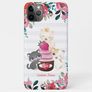 Whimsical Floral Cartoon Cats Strawberry Cupcake iPhone 11 Pro Max Case