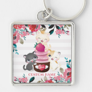 Whimsical Floral Cartoon Cats Strawberry Cupcake Keychain