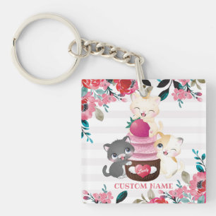 Whimsical Floral Cartoon Cats Strawberry Cupcake Keychain