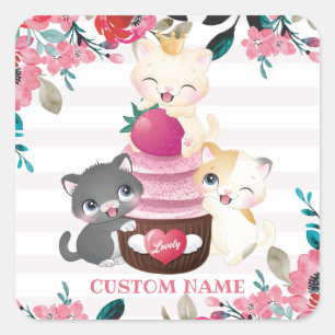 Whimsical Floral Cartoon Cats Strawberry Cupcake Square Sticker