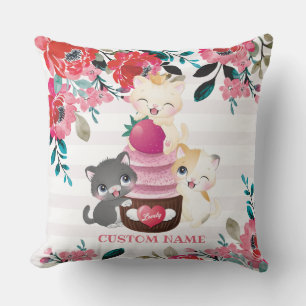 Whimsical Floral Cartoon Cats Strawberry Cupcake Throw Pillow