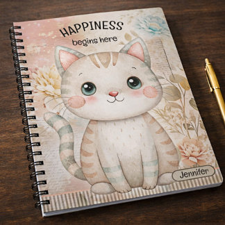 Whimsical Floral Cat Personalized Notebook