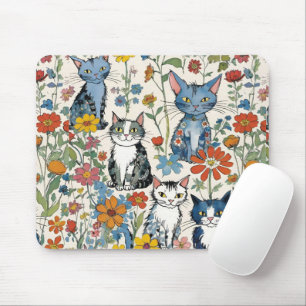 Whimsical Floral Cats and Wildflowers Mouse Pad