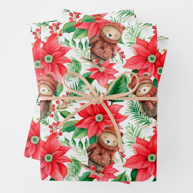 Whimsical Floral Christmas Bears Wrapping Paper (In situ)