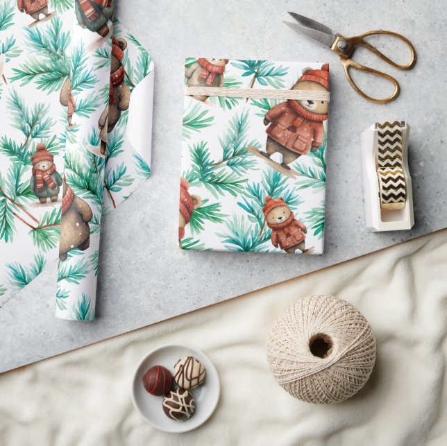 Whimsical Floral Christmas Bears Wrapping Paper (Crafts)