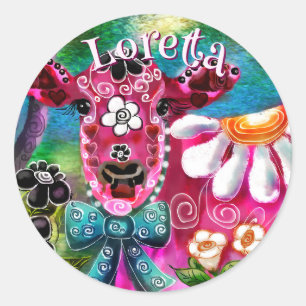 Whimsical Floral Cow Pink Teal Black Personalized Classic Round Sticker