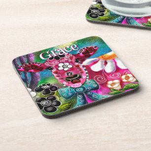 Whimsical Floral Cow Pink Teal Black Personalized Coaster