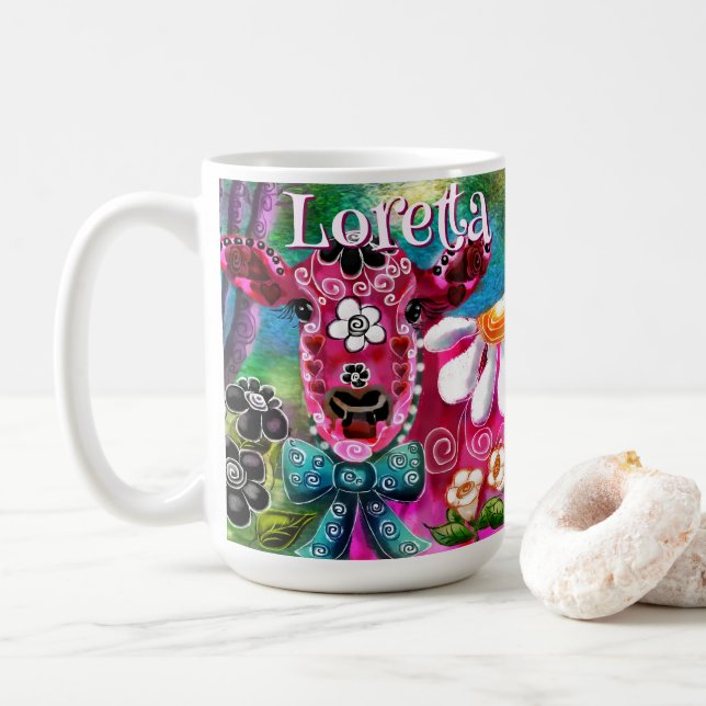 Whimsical Floral Cow Pink Teal Black Personalized Coffee Mug (With Donut)