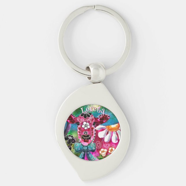 Whimsical Floral Cow Pink Teal Black Personalized Keychain (Front)