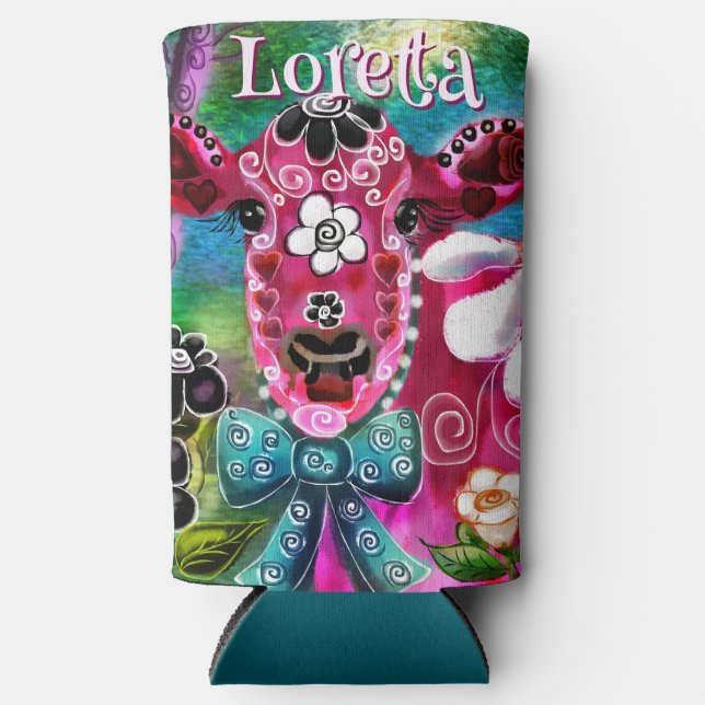 Whimsical Floral Cow Pink Teal Black Personalized Seltzer Can Cooler (Front)