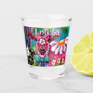 Whimsical Floral Cow Pink Teal Black Personalized Shot Glass