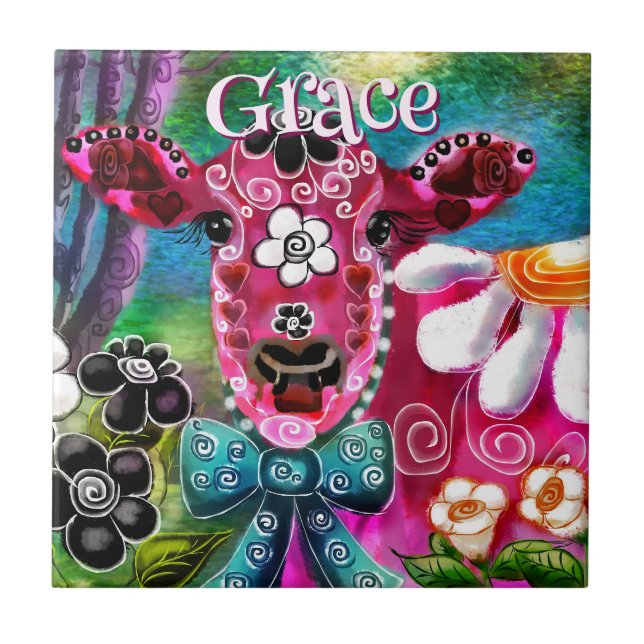 Whimsical Floral Cow Pink Teal Black Personalized Tile (Front)