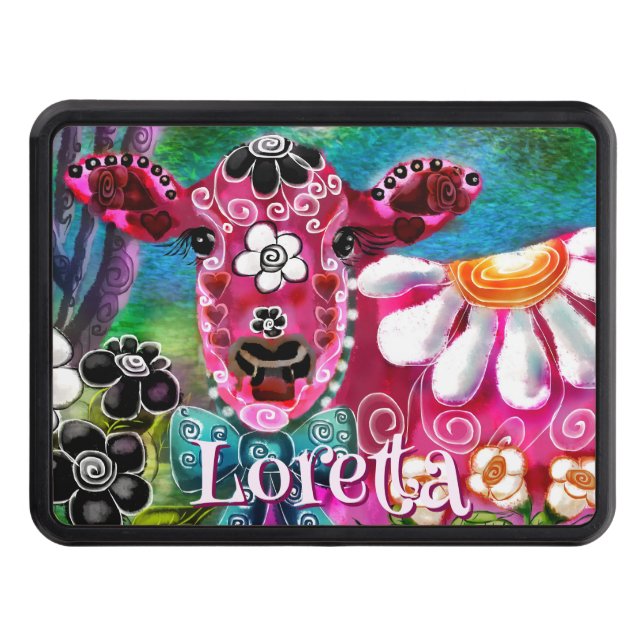Whimsical Floral Cow Pink Teal Black Personalized Trailer Hitch Cover (Front)