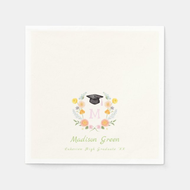 Whimsical Floral Crest Graduation Napkin (Front)