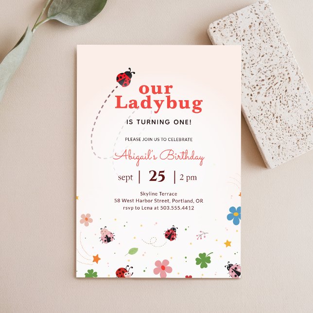 Whimsical Floral Cute Bug Ladybug 1st Birthday Invitation (Creator Uploaded)