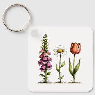 Whimsical Floral Design Foxglove Daisy Tulip Keychain