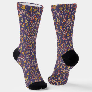 Whimsical Floral Design with Vines on Purple Back Socks
