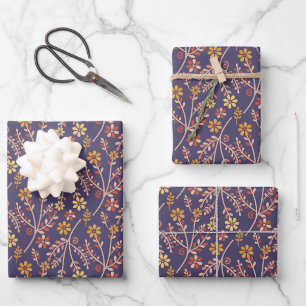 Whimsical Floral Design with Vines on Purple Back Wrapping Paper Sheet
