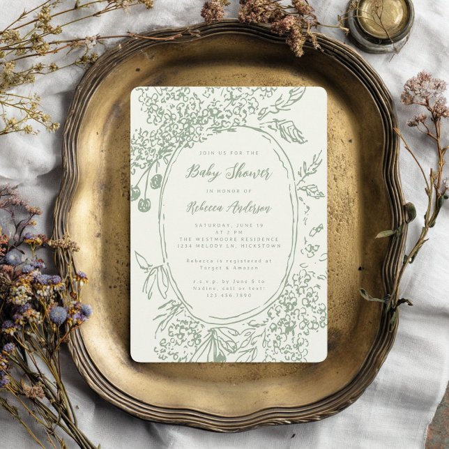 Whimsical Floral Doodle Sage Green Baby Shower Invitation (Creator Uploaded)