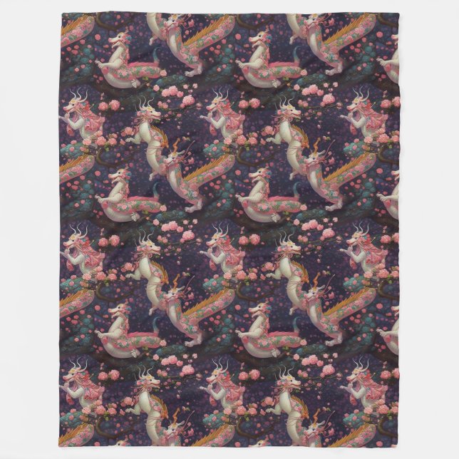 Whimsical Floral Dragons Fleece Blanket (Front)