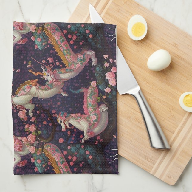 Whimsical Floral Dragons Kitchen Towel (Quarter Fold)