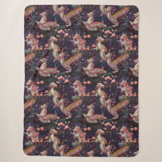 Whimsical Floral Dragons Sherpa Blanket (Front)