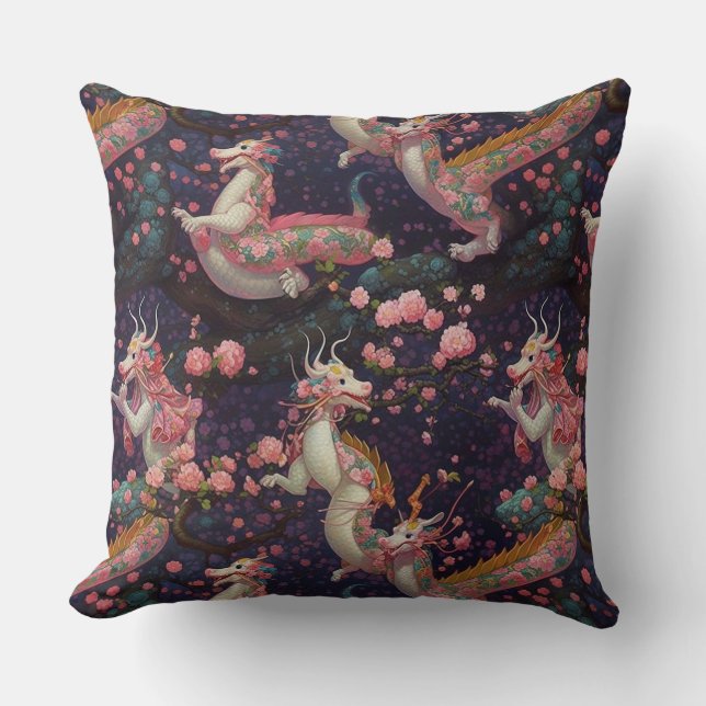 Whimsical Floral Dragons Throw Pillow (Front)