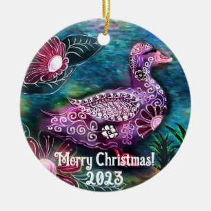 Whimsical Floral Duck Painting Purple Personalized Ceramic Ornament