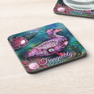 Whimsical Floral Duck Purple Teal Personalized Coaster