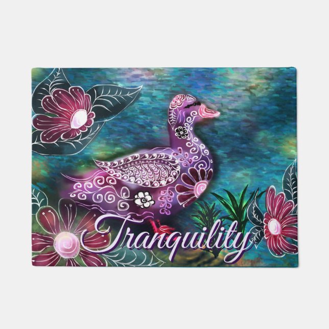 Whimsical Floral Duck Purple Teal Personalized Doormat (Front)