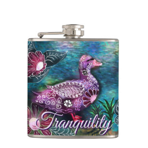 Whimsical Floral Duck Purple Teal Personalized Hip Flask