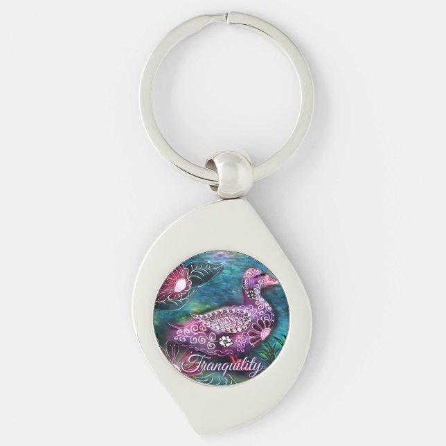 Whimsical Floral Duck Purple Teal Personalized Keychain (Front)