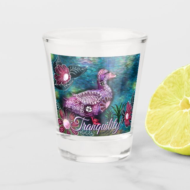 Whimsical Floral Duck Purple Teal Personalized Shot Glass (Front)