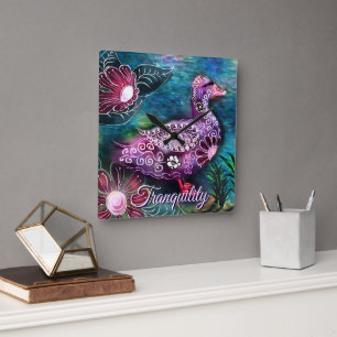 Whimsical Floral Duck Purple Teal Personalized Square Wall Clock