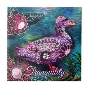 Whimsical Floral Duck Purple Teal Personalized Tile