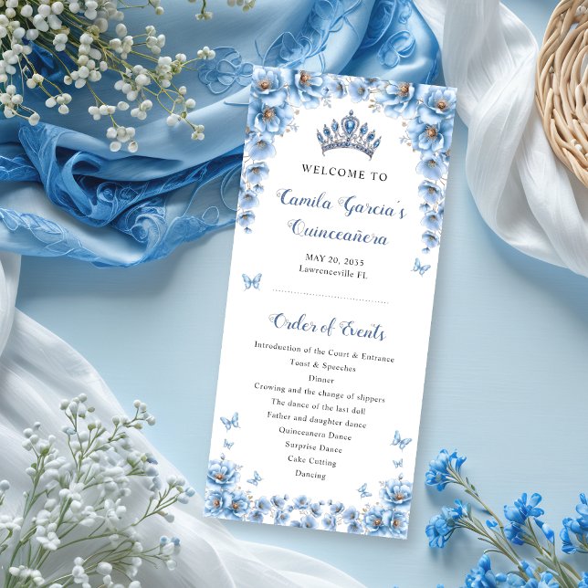 Whimsical Floral Dusty Blue Tiara Quinceañera Program (Creator Uploaded)