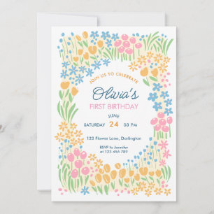 Whimsical Floral First Birthday Party Invitation