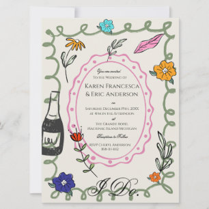 Whimsical Floral Folk Art Wedding Hand Drawn Invitation