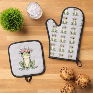 Whimsical Floral Frog Cottagecore Art Oven Mitt & Pot Holder Set