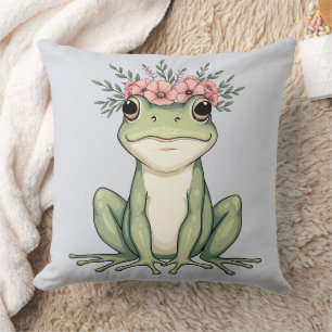 Whimsical Floral Frog Cottagecore Art Throw Pillow