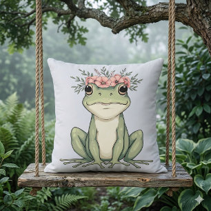 Whimsical Floral Frog Cottagecore Art Throw Pillow