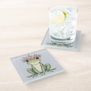 Whimsical Floral Frog Cottagecore Glass Coaster