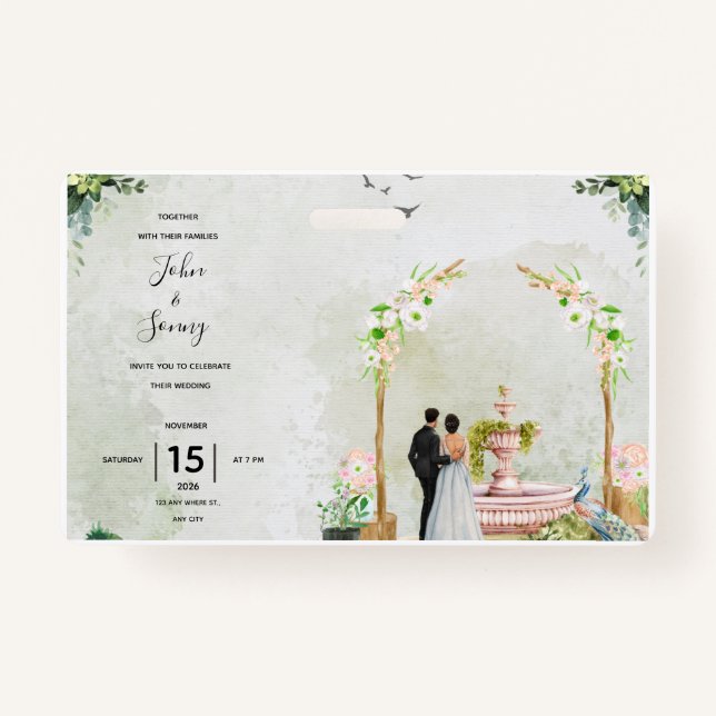 Whimsical Floral Garden Wedding Invitation – Elega Badge (Front)