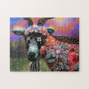 Whimsical Floral Goat Abstract Art Blue Peach Jigsaw Puzzle