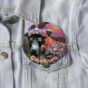 Whimsical Floral Goat Capricorn Personalized 4 Inch Round Button