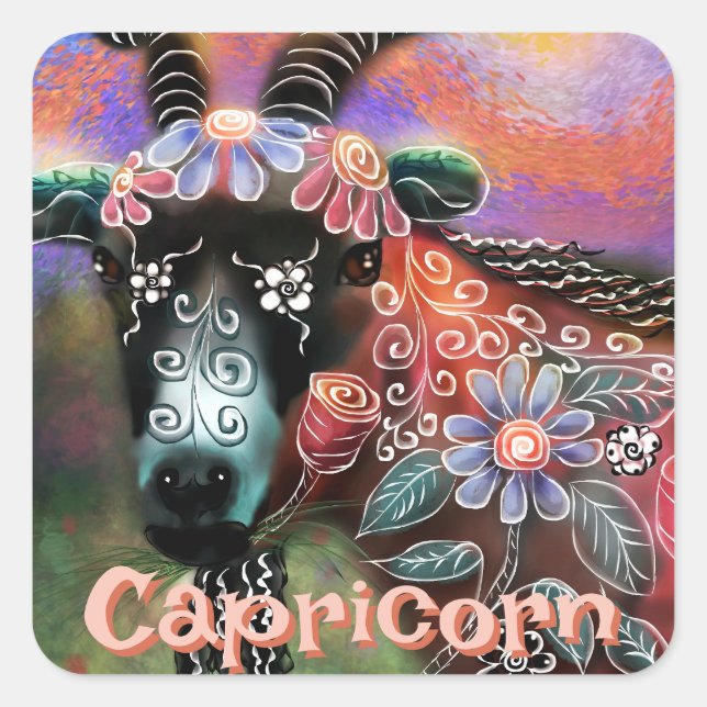 Whimsical Floral Goat Capricorn Personalized Square Sticker (Front)