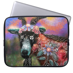 Whimsical Floral Goat Farm Animal Floral Peach Laptop Sleeve