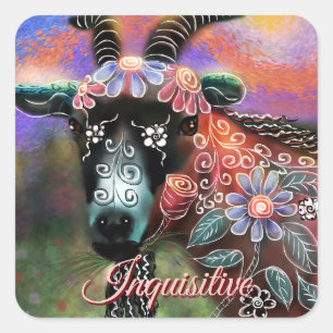 Whimsical Floral Goat Farm Animal Floral Peach Square Sticker